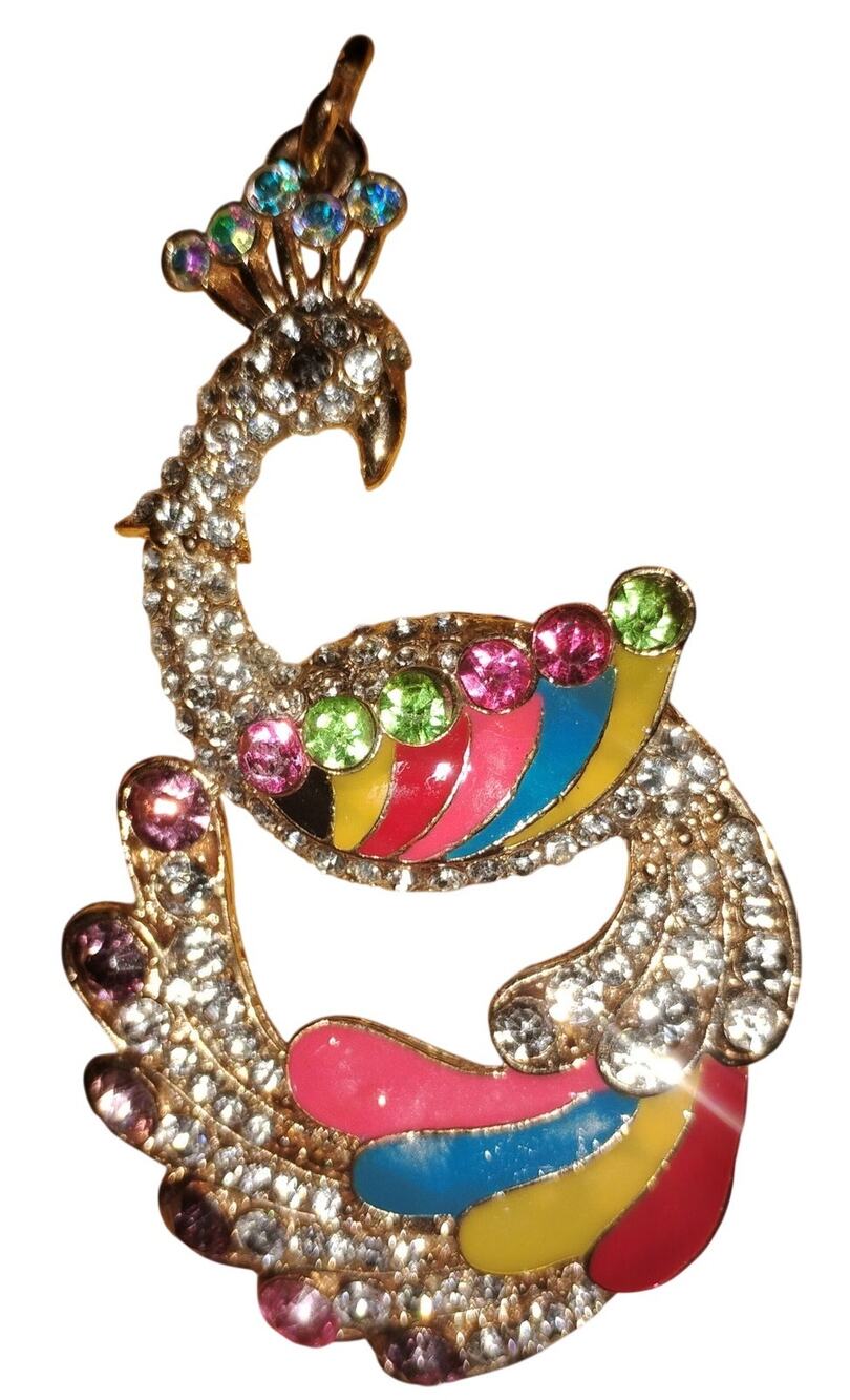 Vintage Rhinestone & Enamel Peacock Pendant – 3"